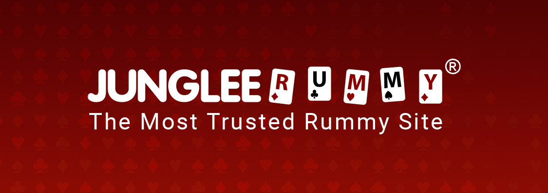 Junglee Rummy wordmark. Rummy is spelled on playing cards, on a red field.