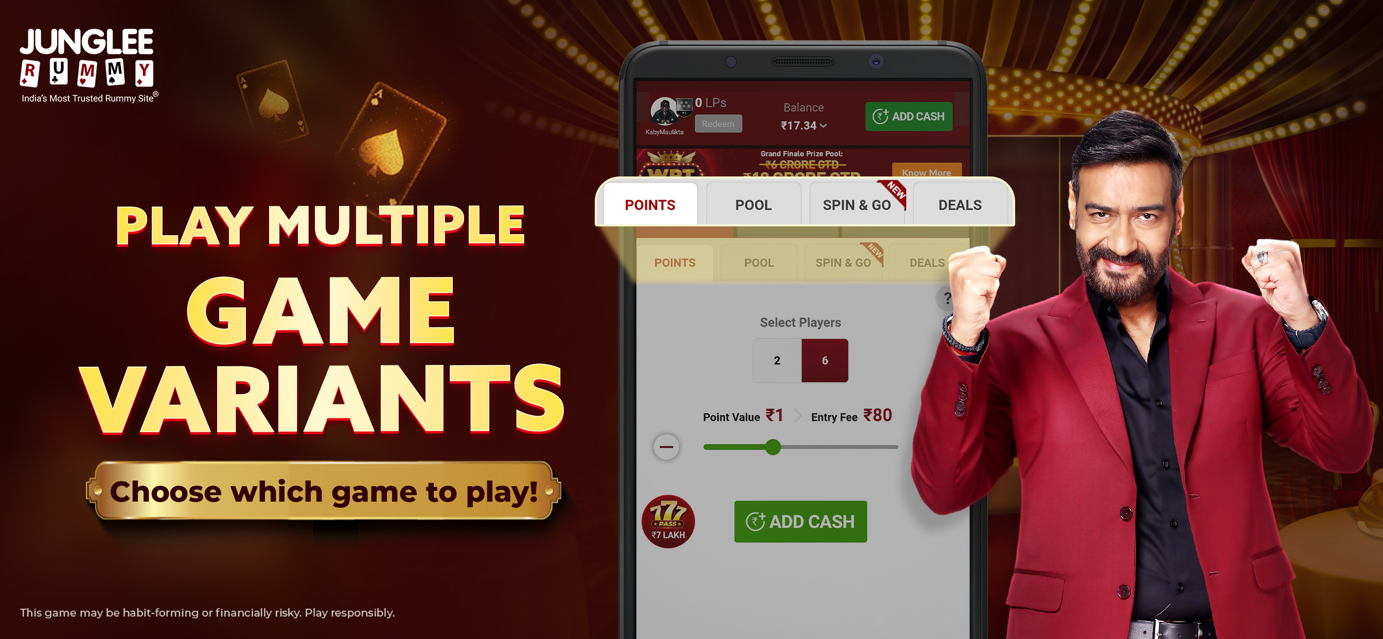 July 2025 Play listing graphic for this package. A phone shows Points, Pool, Spin and Go, and Deals.